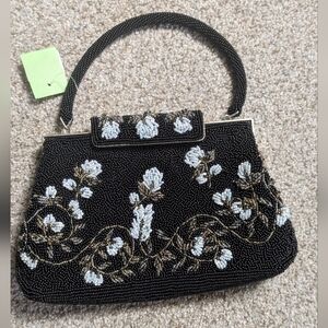 Vintage High Quality Black Floral Beaded Wristlet Clutch
